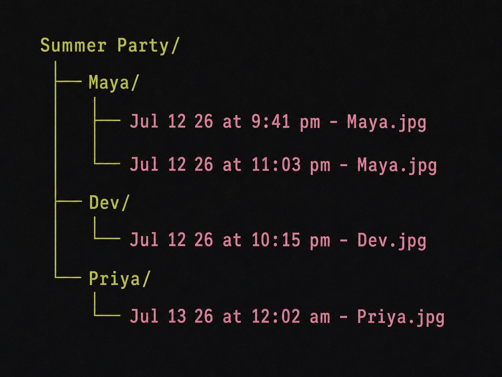 Example Google Drive folder structure: a Summer Party folder containing a folder per guest (Maya, Dev, Priya), each photo named with the time it was taken, such as Jul 12 '26 at 9:41 pm - Maya.jpg